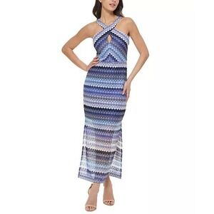 Guess Marcella Blue Chevron Pointelle Knit Halter Maxi Dress NWT 12